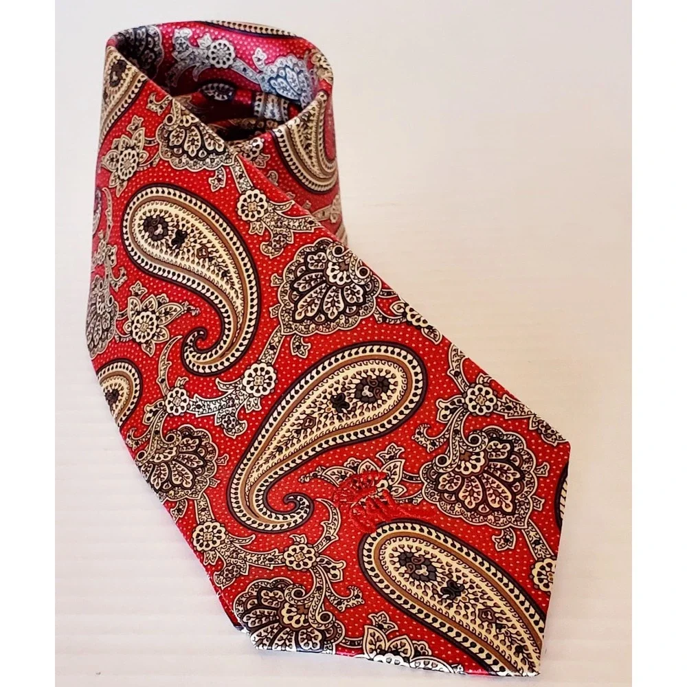 Countess Mara Necktie Sistine Satin Paisley Red Black Ivory Tie Logo Embroidered - Picture 2 of 11